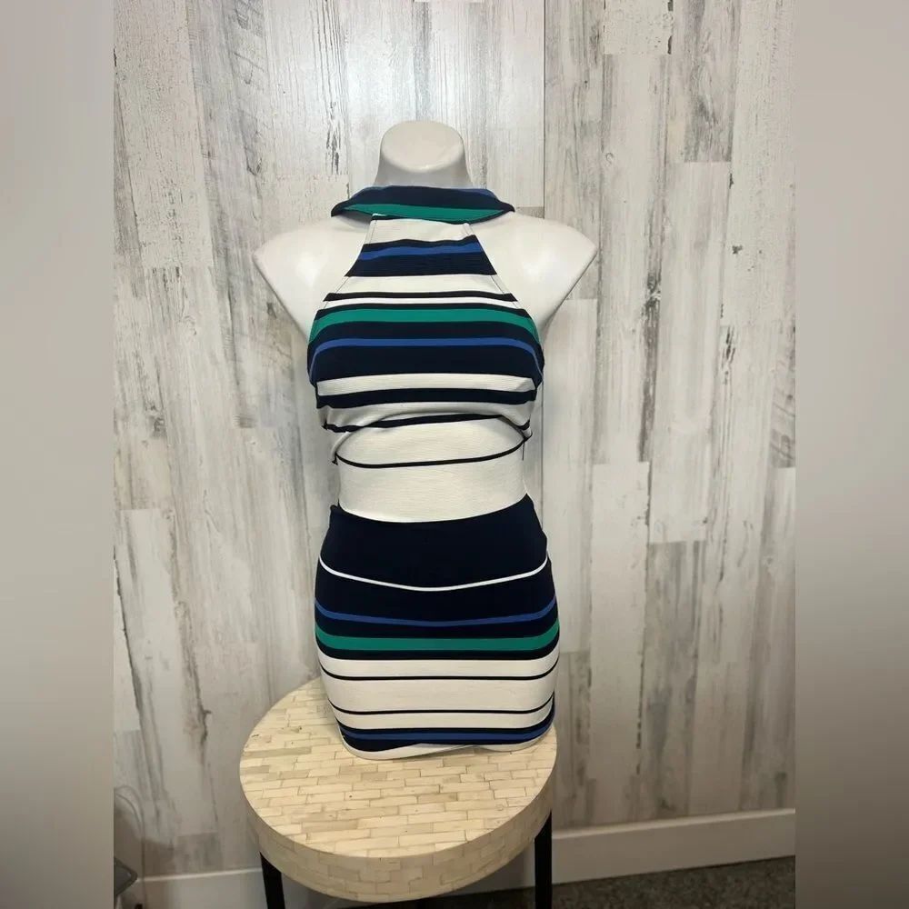 Striped Halter Bodycon Mini Dress Size Small Navy Blue White Teal Open Back